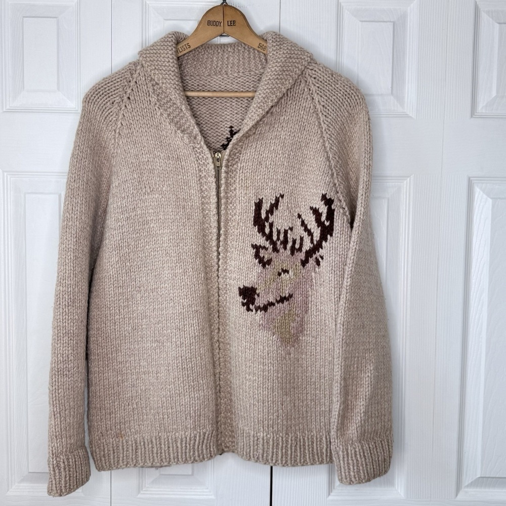 Vintage 50s Mary Maxim Deer Cowichan Sweater Hand Knit Crown Zipper  L Chest 42